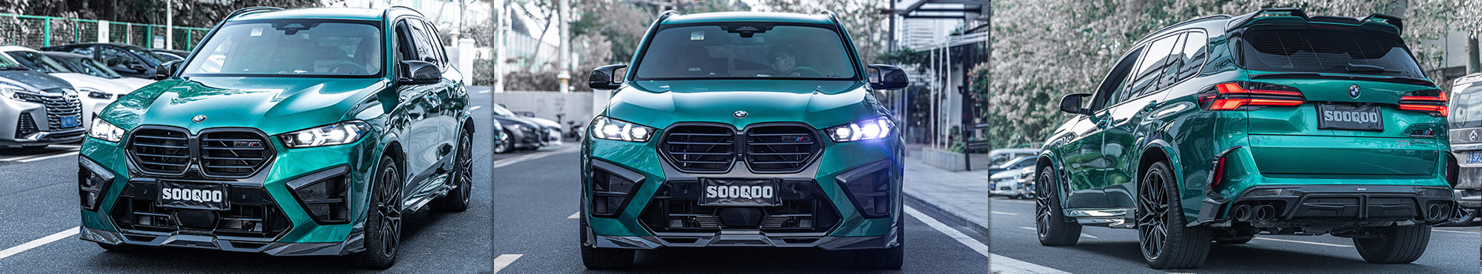 Three views of a green BMW SUV